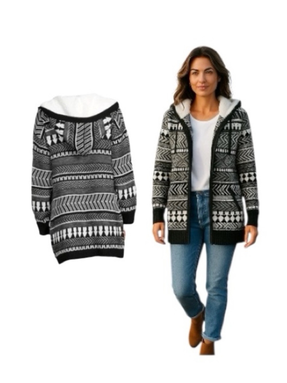 Cardigan Sweater With Faux Sherpa Hood - Picture 1 of 10